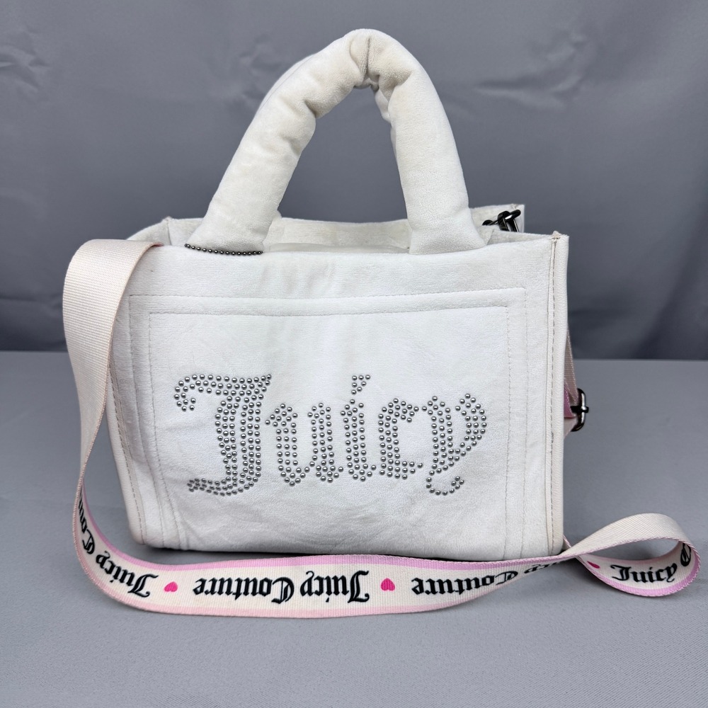 Juicy Couture White Velour Studded Logo Mini Tote Crossbody Bag